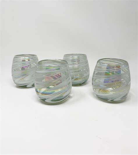 4 Stemless Wine Glasses White Iridescent Swirl - Etsy