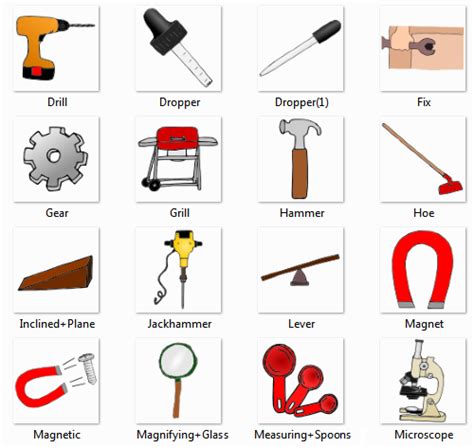 Drill, Dropper, Fix, Gear, Grill, Hammer, Hoe, Inclined +Plane ...