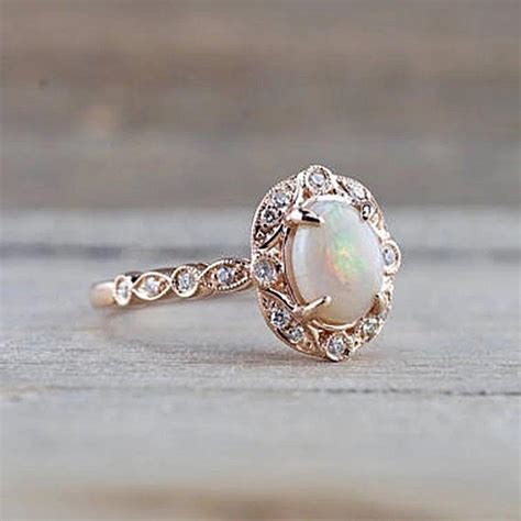 14k Australian Opal Engagement Ring Rose Gold Vintage Opal Engagement Ring Opal Promise Ring For ...