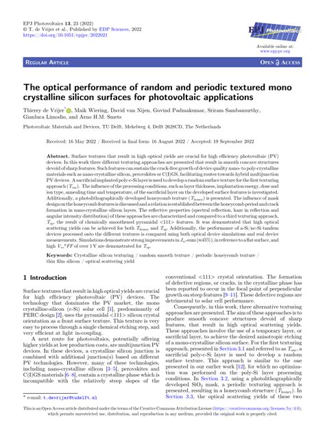 (PDF) The optical performance of random and periodic textured mono crystalline silicon surfaces ...