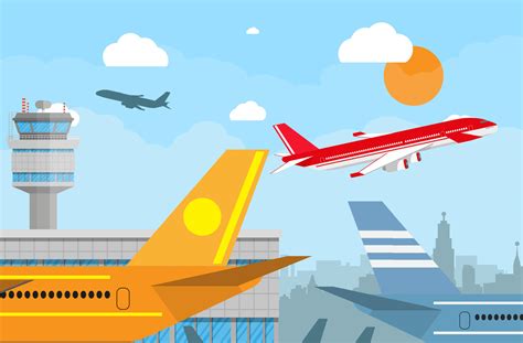 Cartoon background with gray airport control tower and flying red civil ...