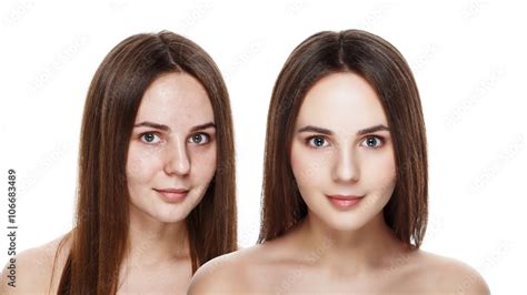 Beautiful young brunette model before and after make-up applying. Comparison portrait. Two faces ...