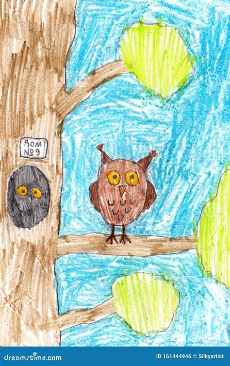 Owl on Tree Illustration Childlike Crayons Drawing Stock Illustration - Illustration of drawing ...