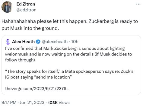 Hahahahahaha please let this happen. Zuckerberg is ready to put Musk ...