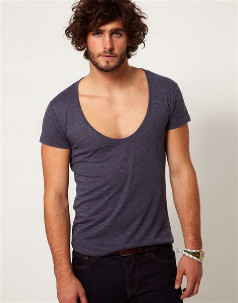 Lyst - Asos T-Shirt with Deep Scoop Neck in Blue for Men