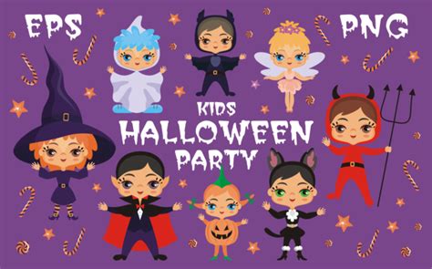 Kids Halloween party. Vector clip arts. on Yellow Images Creative Store