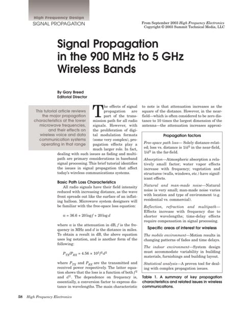 Signal Propagation in the 900 MHz to 5 GHz Wireless Bands