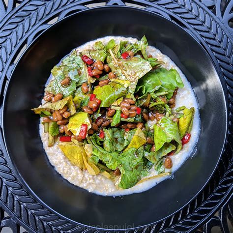 Natto and radish greens salad on a bed of oatmeal - Salads - nicolaspujol.com