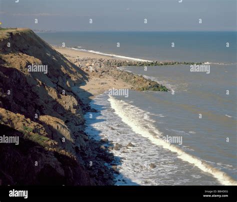 Coastal erosion and defence; cliffs at Mappleton, near Hornsea, East Yorkshire, England, UK ...