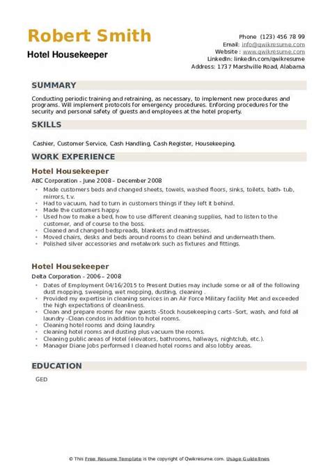 sample cv hotel housekeeper Housekeeping resume sample - Free Resume Sampel