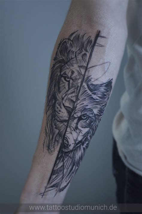 Wolf and lion graphic style tattoo | Tatuagem antebraço feminina, Boas ideias para tatuagem ...