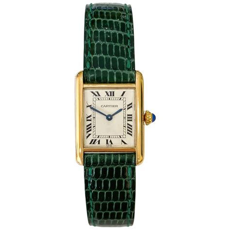 Small Louis Cartier Tank Green Leather Strap, Quartz, 18 Karat Gold, Warranty at 1stDibs ...