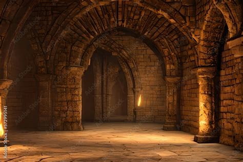 Long Medieval Castle Corridor With Torches. Fantasy Background. Interior Of Ancient Palace With ...