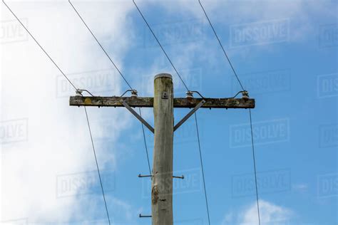 A wooden telephone pole with wires and terminal connectors in front of ...