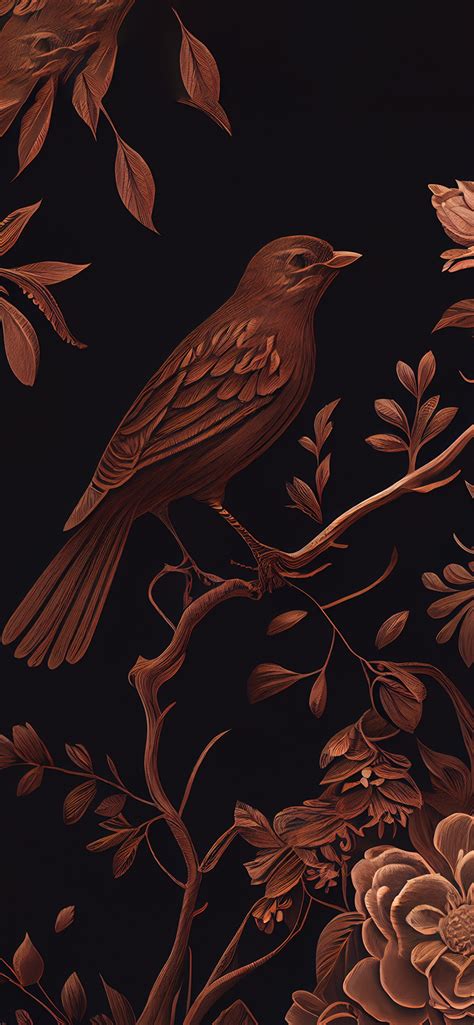 Bird on Branch Black & Brown Wallpaper - Bird Aesthetic Wallpaper