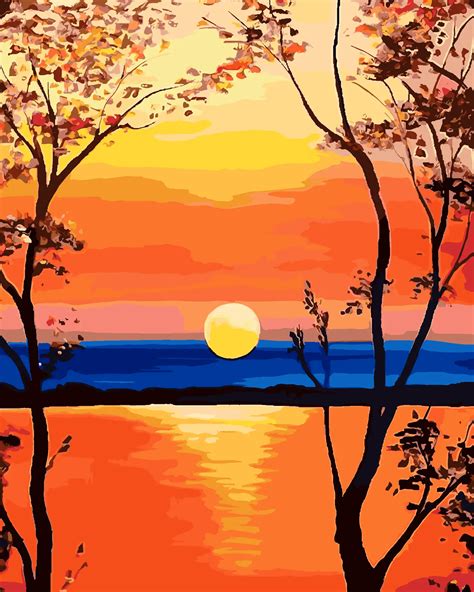 Orange Sunset And Reflection On The Sea Painting | Art Of Paint By Numbers