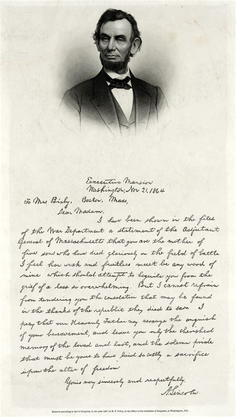 Abraham Lincoln's letter of condolence to Mrs Bixby, who lost sons in ...