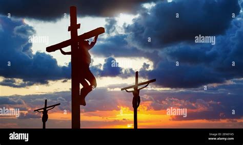 Silhouette of three crosses on Calvary hill Stock Photo - Alamy