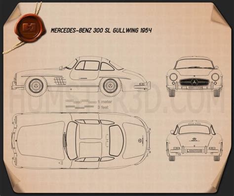 Mercedes-Benz 300 SL Gullwing 1954 Blueprint - Hum3D