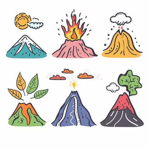 Handdrawn Colorful Volcanoes Mountains Cartoon, Erupting, Snowy Covered ...