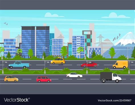 Cartoon city panorama highway Royalty Free Vector Image