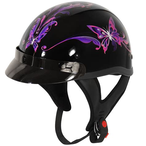 Outlaw Helmets T70 Glossy Black Purple Butterfly Motorcycle Half Helmet for Men & Women with Sun ...