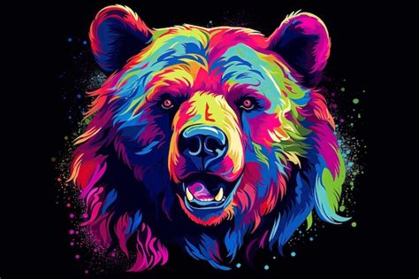 Premium AI Image | Bear Abstract neon portrait of a bear's head in pop art style on a black ...