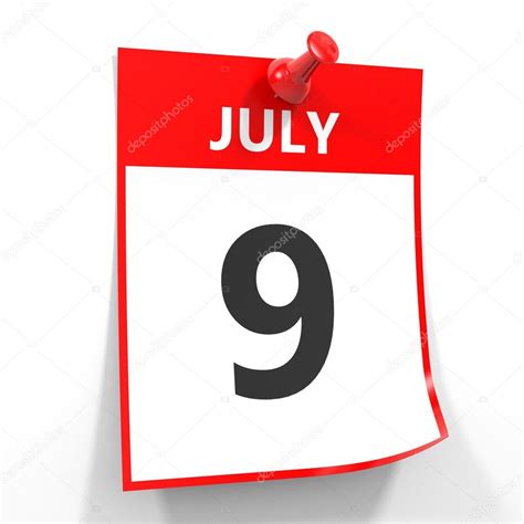 9 july calendar sheet with red pin. Stock Photo by ©iCreative3D 89668642