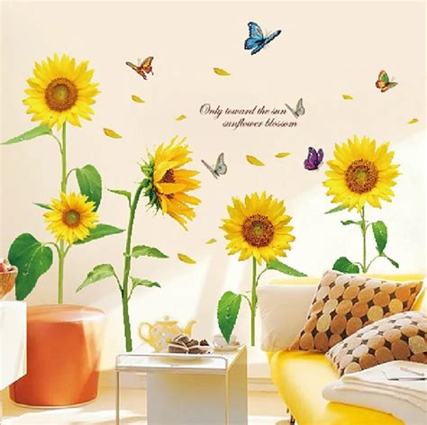 new sunflower large wall stickers flowers home decor living room diy ...