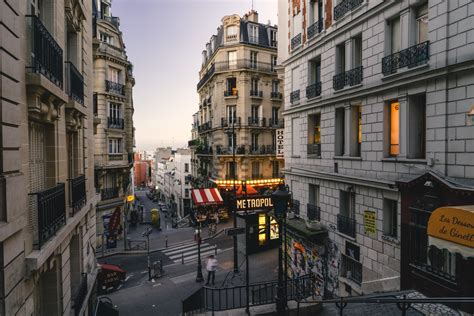 hotels and stalls in the streets of montmartre paris on an evening ...