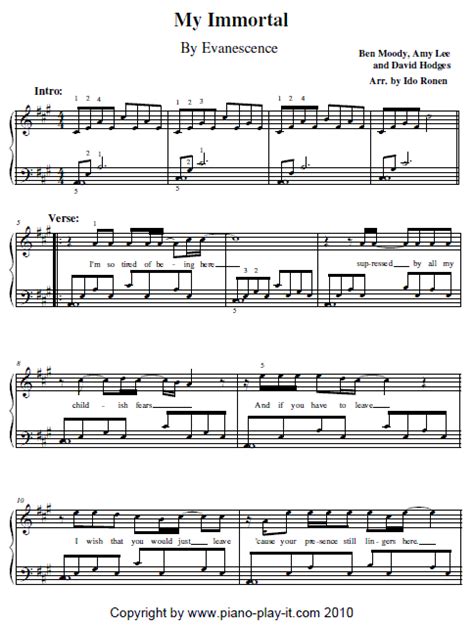 My Immortal Evanescence Piano Sheet Music