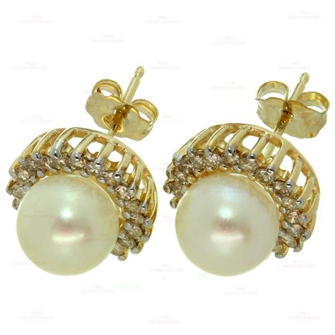 Pearl Diamond 14k Yellow Gold Stud Earrings-MTSJ12276