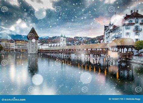 Snowfall in Lucerne with Famous Buildings and Lake Lucerne & X28;Vierwaldstattersee& X29 ...