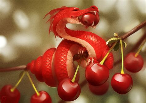 nature, Trees, Digital Art, Fruit, Cherries, Dragon, Miniatures, Branch, Leaves, Red, Eating ...