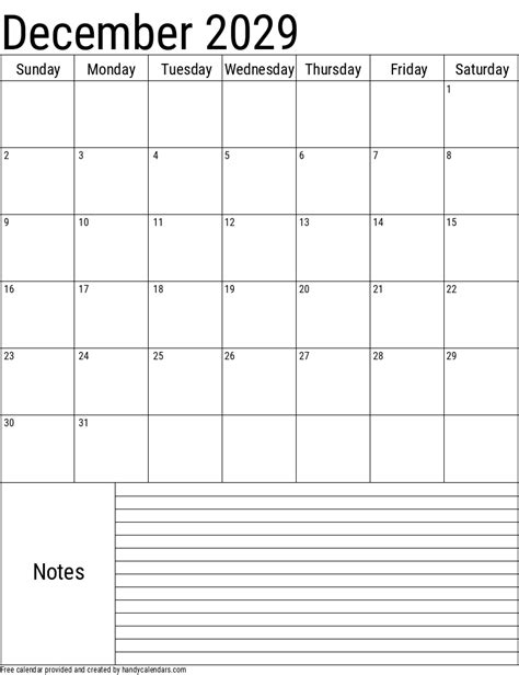 December 2029 Calendar With Notes And Holidays - Handy Calendars