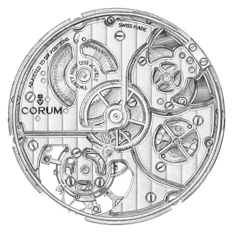 a drawing of a watch face with the words corum written in black and white