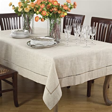Natural Beige, Classic Tuscany Hemtitch Design Rectangular Tablecloth, 65 Inch x 104 Inch ...