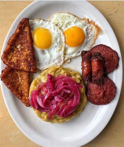 Dominican breakfast-Mangu with red onions, salami, fried cheese, and fried eggs over easy | Food ...