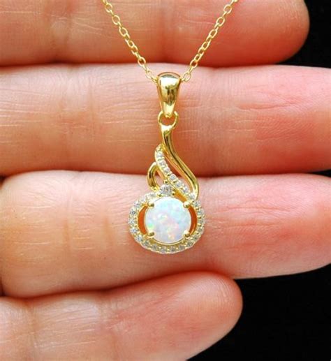 Gold CZ & White Opal Necklace, October Birthstone Necklace, Sterling ...