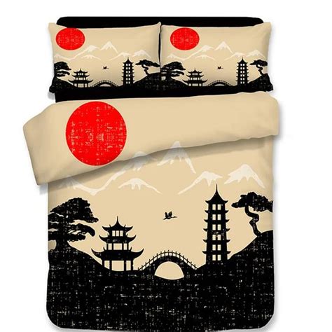 Japanese Style Print Bedding Set Twin Queen King Size Polyester Fabric Bedsheets Duvet Cover ...