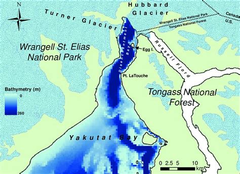 Map of the Yakutat Bay area showing the two tidewater glaciers, Turner... | Download Scientific ...