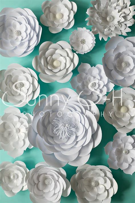 Paper Flowers White on Teal - Backdrops Canada