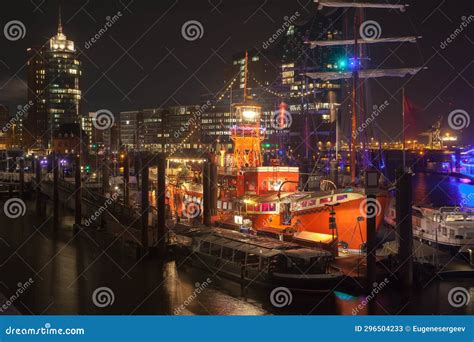 Night View of Hamburg Port with Illuminated Ships and Floating ...