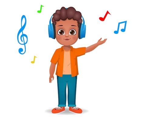 Premium Vector | Cute boy kid listening to music