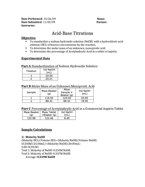 Acid Base Titrations - Lab Report - General Chemistry Lab | CHEM 1045 - Docsity