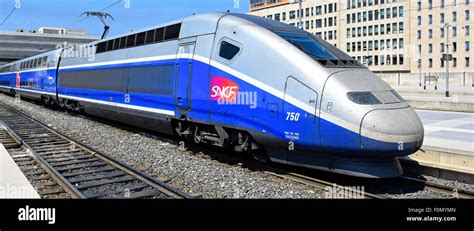 High speed train close up France aerodynamics on SNCF TGV high speed passenger train at ...