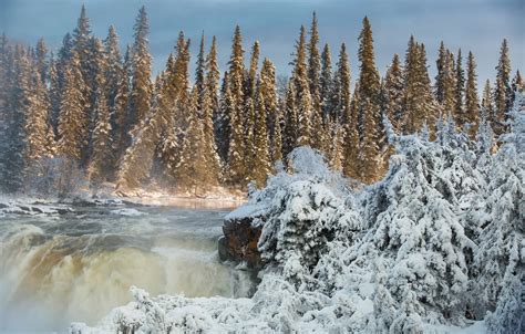 Wallpaper winter, forest, river, waterfall, ate, Canada, Canada ...