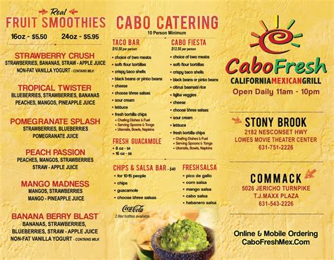 Menu at Cabo Fresh Mexican Grill pub & bar, Stony Brook