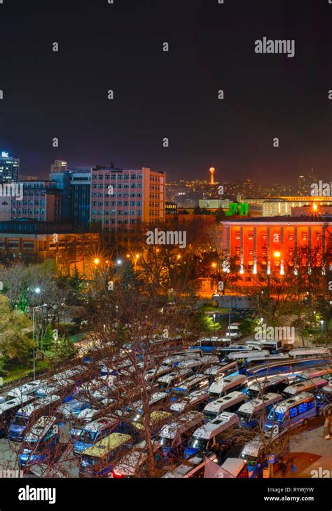 Ankara/Turkey-March 10 2019: Aerial view of Guven Park with dolmus and Atakule in background in ...