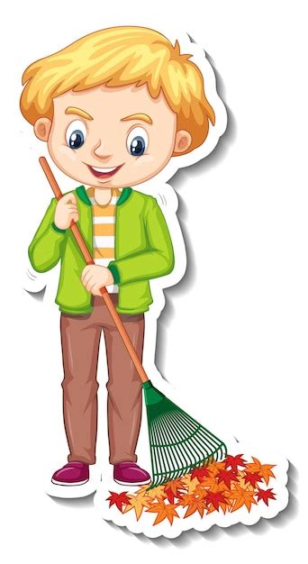 Free Vector | A boy using rake cartoon character